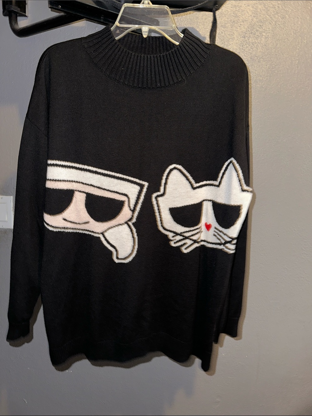 Karl Lagerfeld Black Graphic Turtleneck Sweater with White Character Motifs